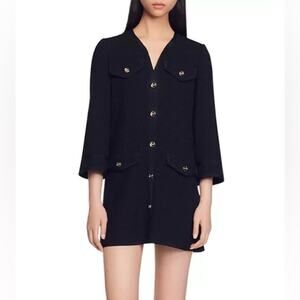 Sandro Keren Black Tweed Mini Dress Gold Button Parisian Chic NWT Sz 36/4